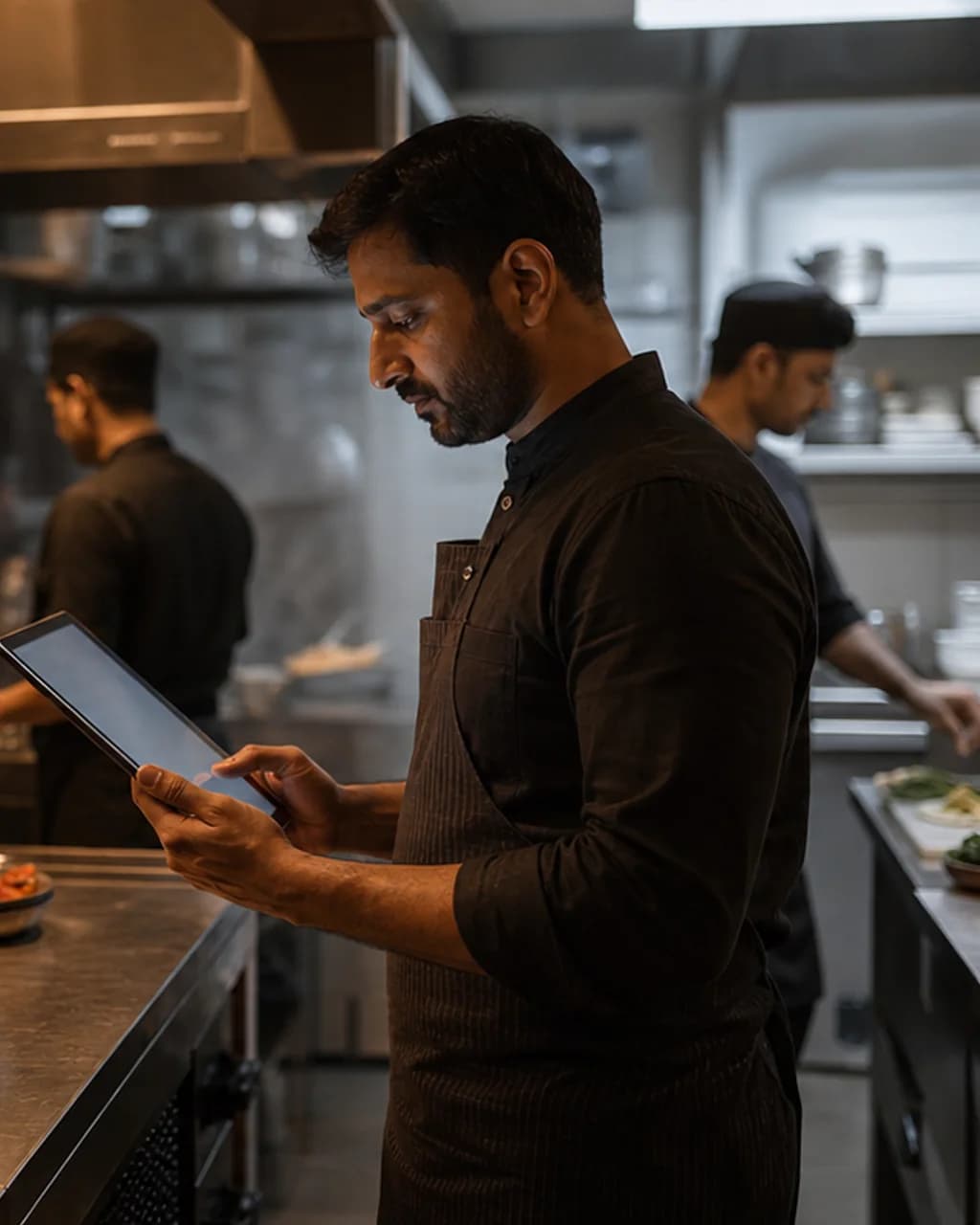 Restaurant kitchen operator reviewing the live shift on a tablet beside the service pass.